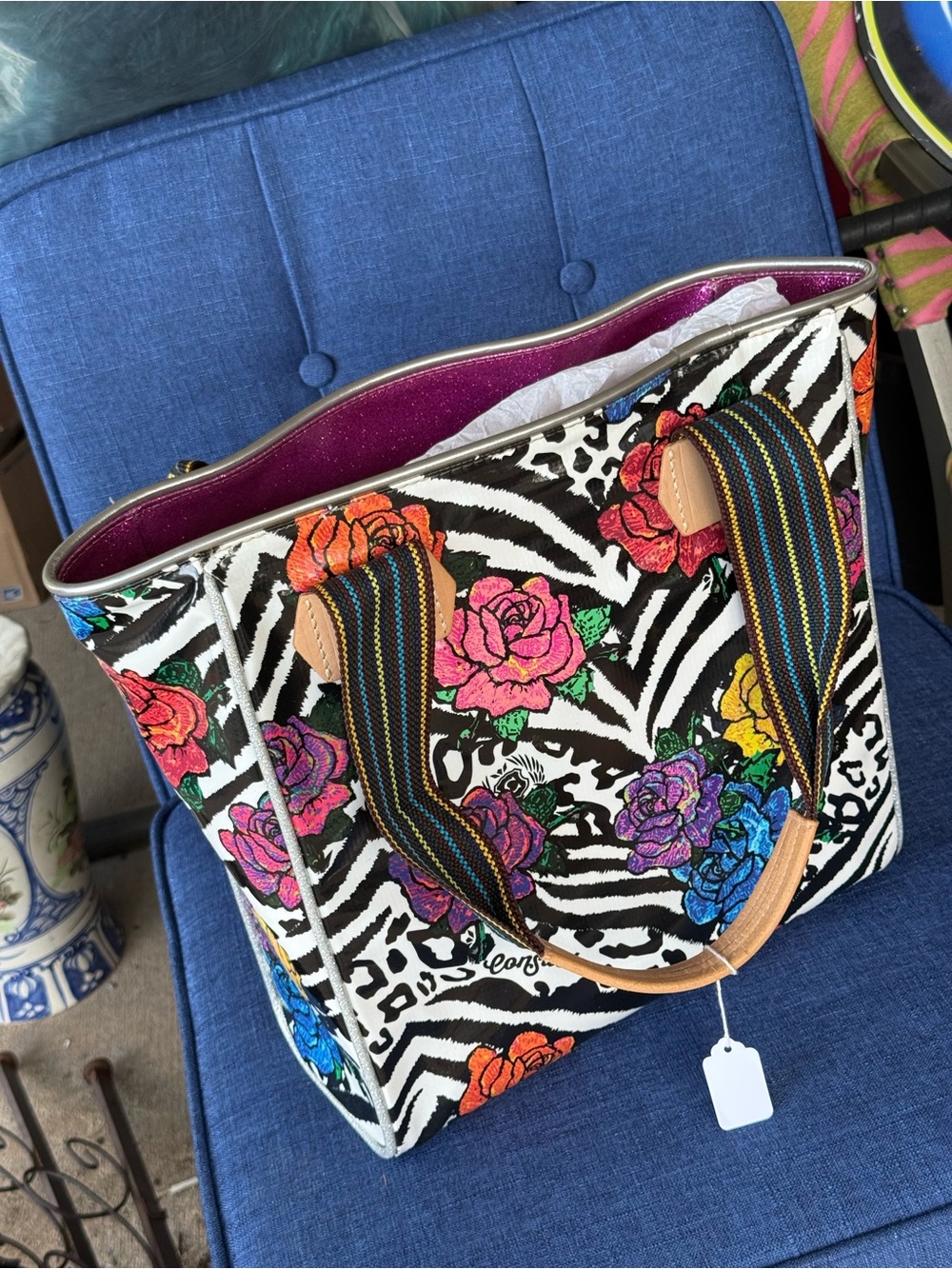 Consuela Multi-Color Floral Zebra Tote with Striped Handles